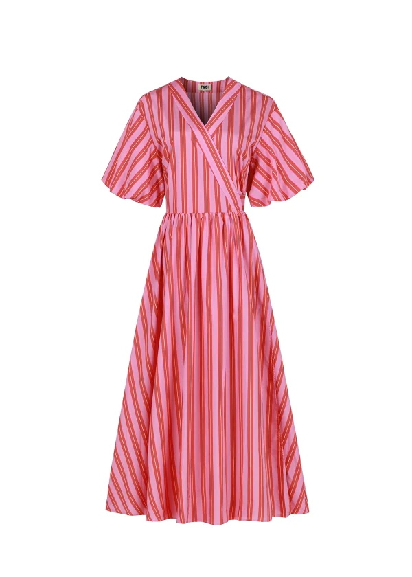 Pink & Red Striped Wrap Dress with Balloon Sleeve - Image 5