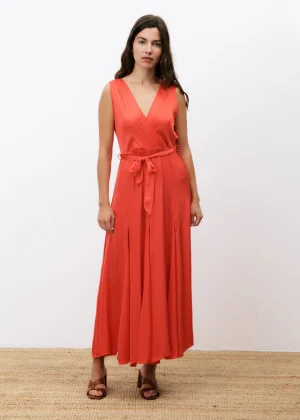Coral Silky Wrap-Effect Dress with Fabric Belt
