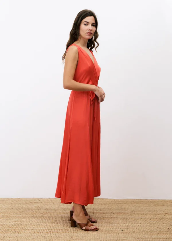 Coral Silky Wrap-Effect Dress with Fabric Belt - Image 3