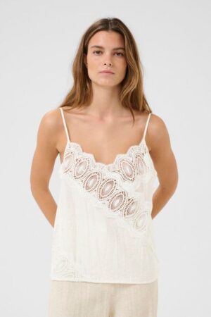 Oatmeal Linen-Mix Camisole with Lace Inserts