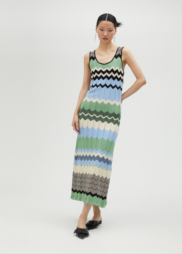 Blue, Green, Black & Vanilla ZigZag Striped Knit Maxidress - Image 4