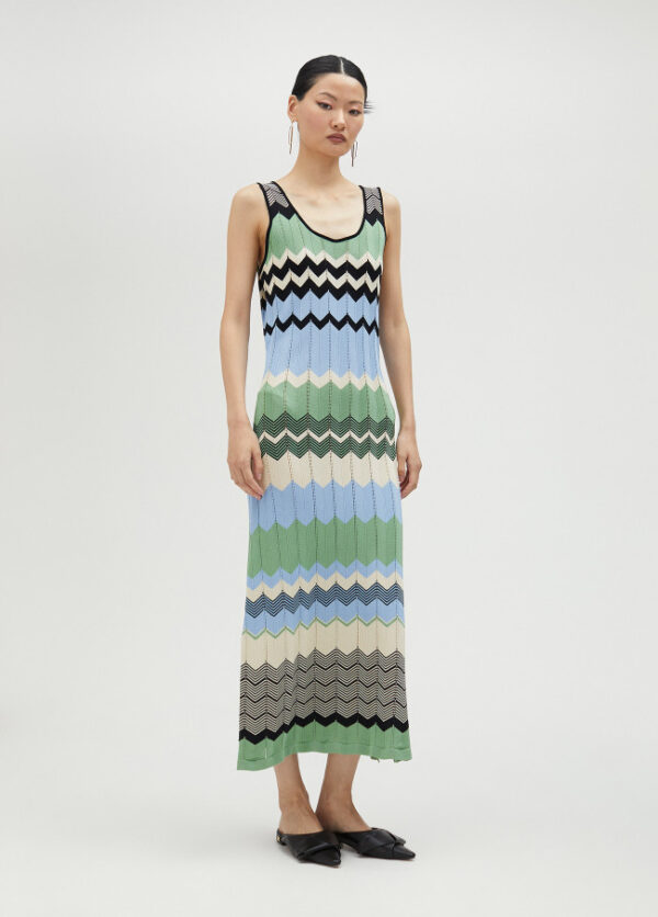 Blue, Green, Black & Vanilla ZigZag Striped Knit Maxidress - Image 8