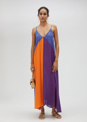Blue, Purple & Orange Strappy Maxi Sundress with Embroidery & Beading