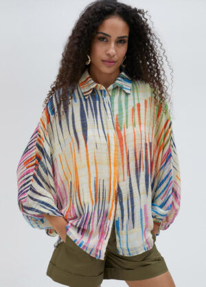 Multicolour Striped Shirt with Gold Embroidery