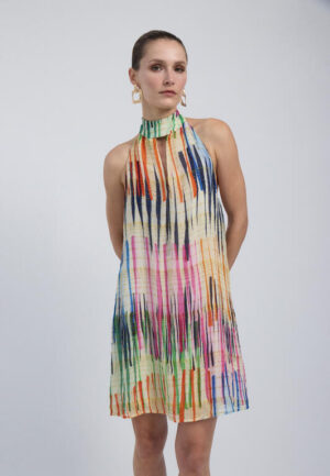 Multicolour Striped Halter Dress with Gold Embroidery