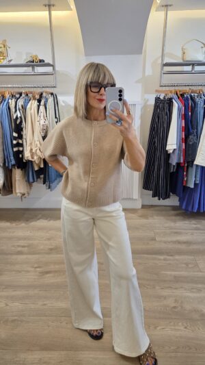 Beige Short-Sleeved Knit Cardigan