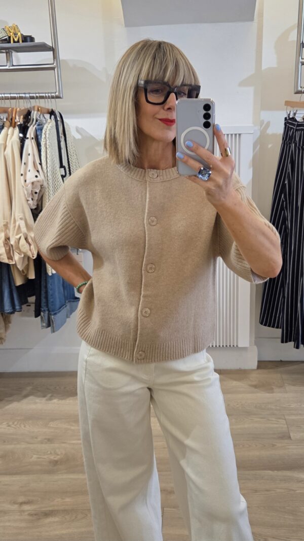 Beige Short-Sleeved Knit Cardigan - Image 2