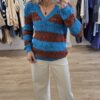 Brown & Teal Striped Openwork V-Neck Knit Jumper