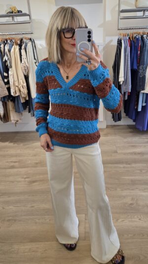 Brown & Teal Striped Openwork V-Neck Knit Jumper