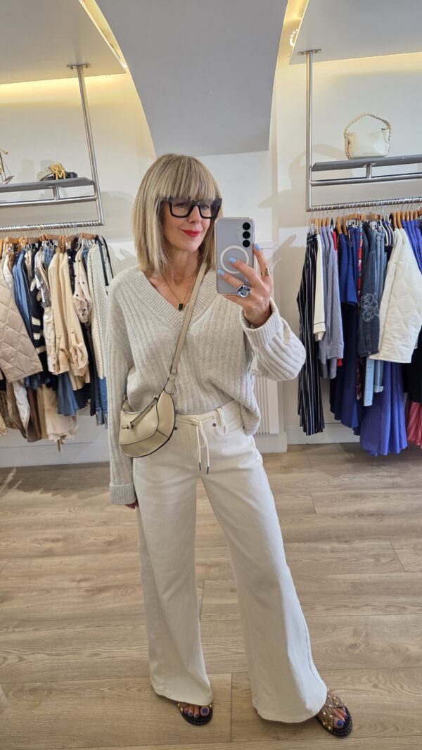 Grey Melange Soft Ribbed V-Neck Knit - Image 8