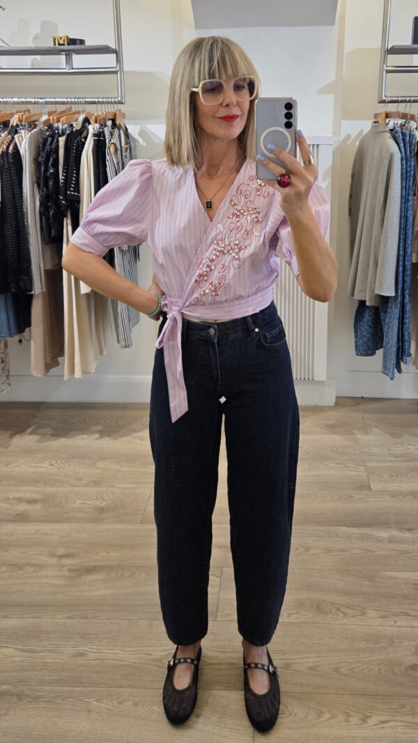 Pink Pinstripe Cropped Wrap Blouse with Embellishment & Embroidery - Image 3