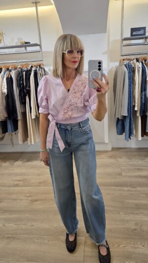 Pink Pinstripe Cropped Wrap Blouse with Embellishment & Embroidery