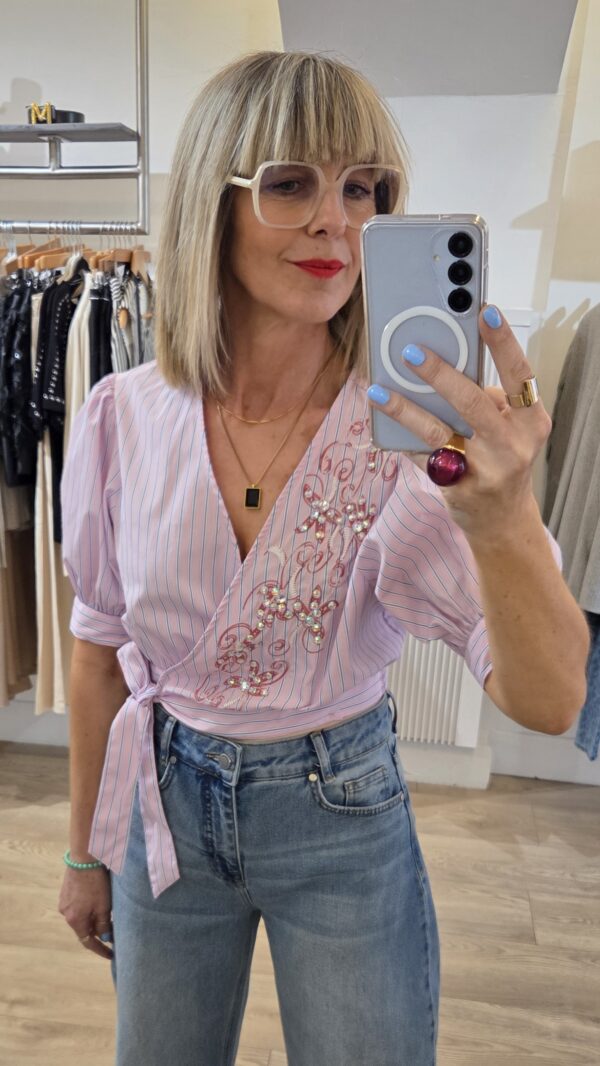 Pink Pinstripe Cropped Wrap Blouse with Embellishment & Embroidery - Image 2