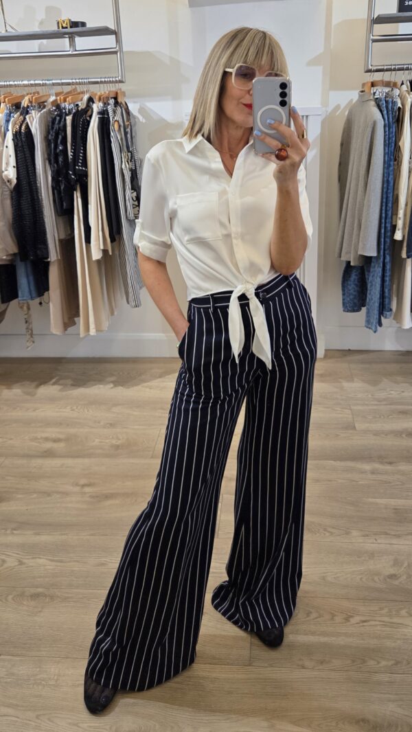 Navy Pinstripe Wide-Leg Trousers - Image 6
