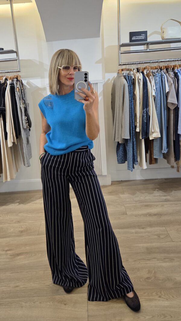 Navy Pinstripe Wide-Leg Trousers - Image 5