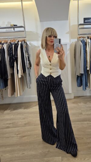 Navy Pinstripe Wide-Leg Trousers