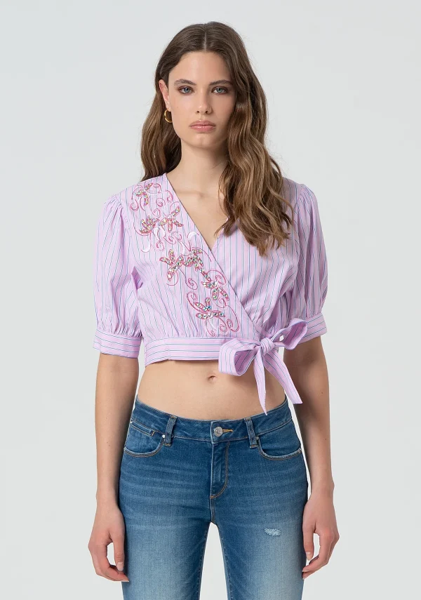 Pink Pinstripe Cropped Wrap Blouse with Embellishment & Embroidery - Image 6