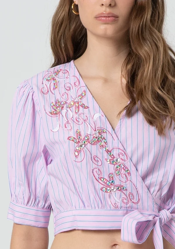 Pink Pinstripe Cropped Wrap Blouse with Embellishment & Embroidery - Image 5
