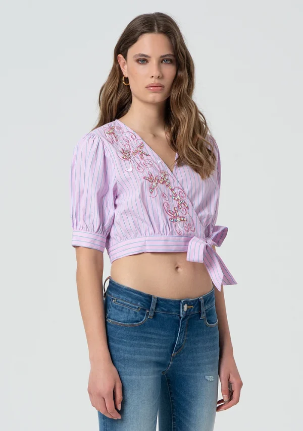 Pink Pinstripe Cropped Wrap Blouse with Embellishment & Embroidery - Image 7