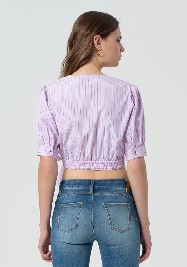 Pink Pinstripe Cropped Wrap Blouse with Embellishment & Embroidery - Image 8