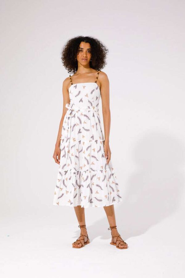 White Embroidered Midi Dress with Beaded Strap - Image 5