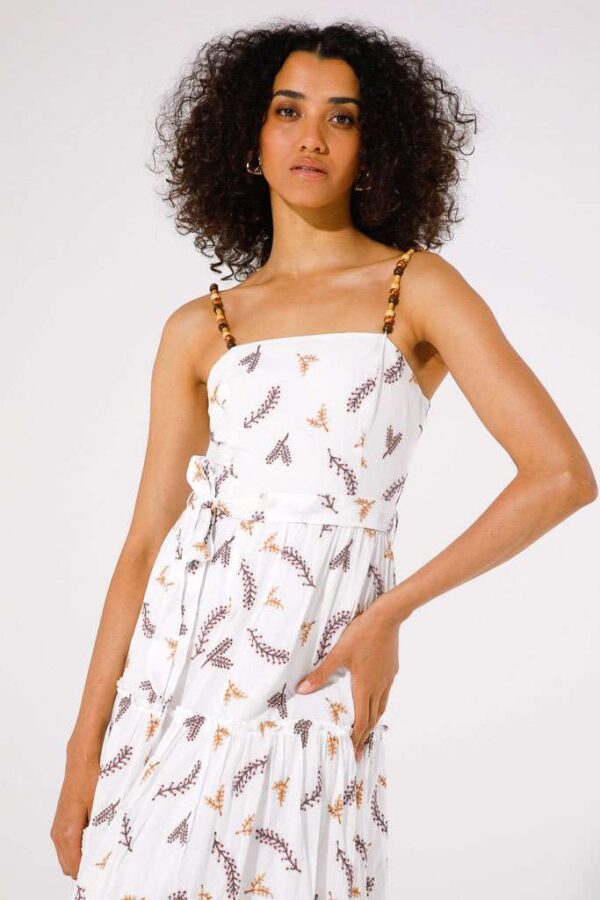 White Embroidered Midi Dress with Beaded Strap - Image 2
