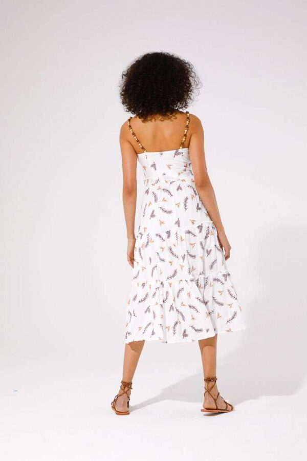 White Embroidered Midi Dress with Beaded Strap - Image 4