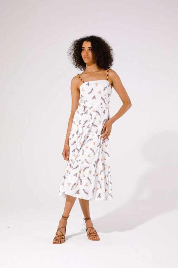 White Embroidered Midi Dress with Beaded Strap - Image 3