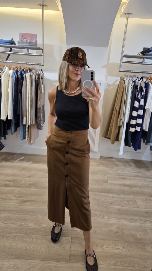 Camel Faux Suede Midi Pencil Skirt with Buttons