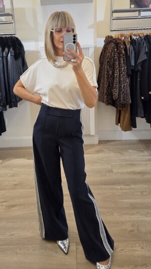 Navy Wide-Leg Trousers with Side Stripe