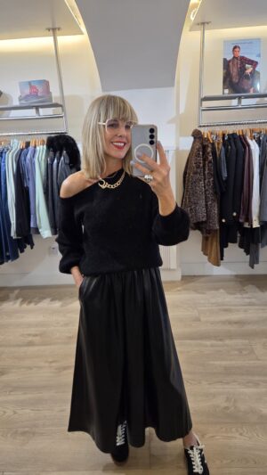Black Mohair Off-Shoulder Jumper with Blouson Sleeve