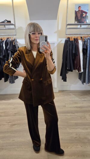 Bronze Velvet Blazer with Sporty Side Stripe and Slogan on the Back