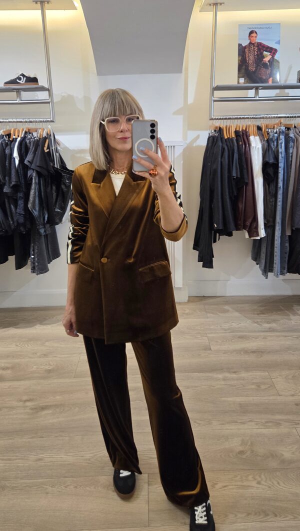 Bronze Velvet Blazer with Sporty Side Stripe and Slogan on the Back - Image 9