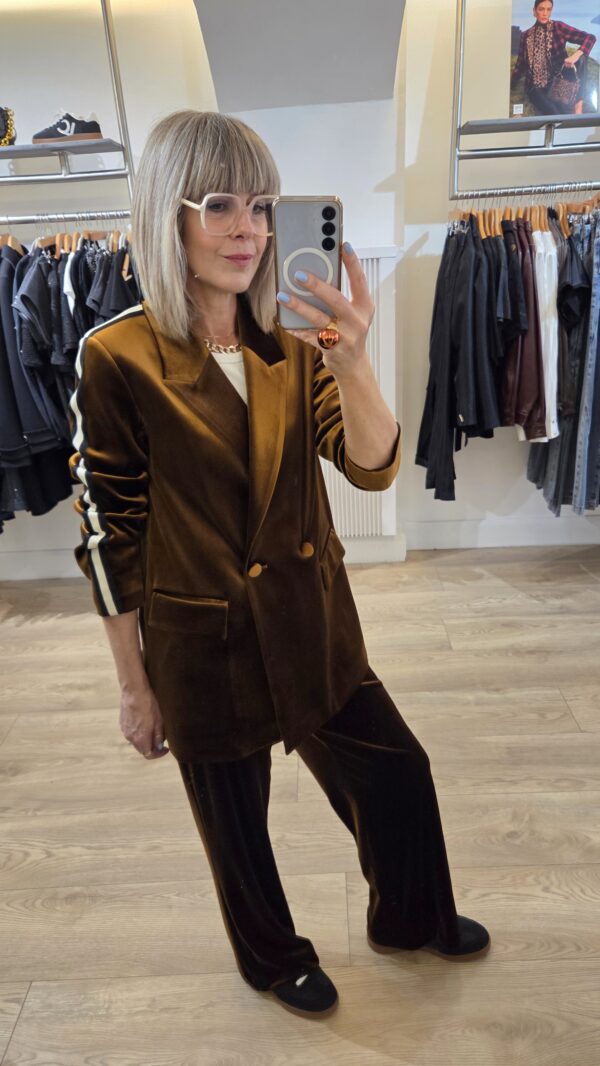 Bronze Velvet Blazer with Sporty Side Stripe and Slogan on the Back - Image 10