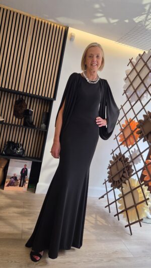 Black Silk Jersey Maxidress with Split Sleeve & Open Back