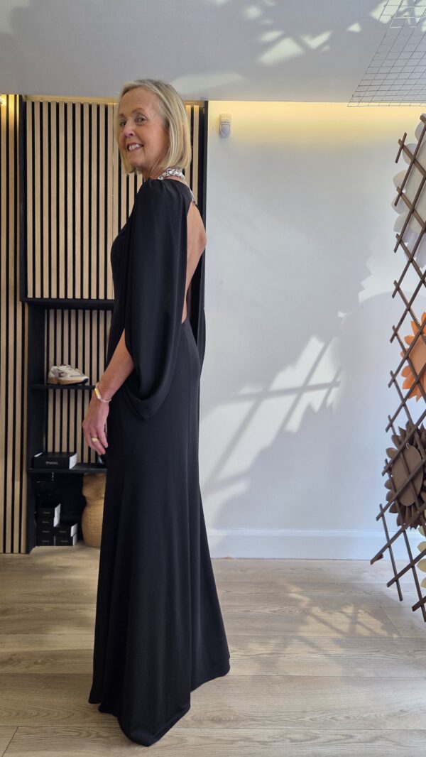 Black Silk Jersey Maxidress with Split Sleeve & Open Back - Image 9