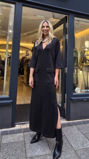 Black V-Neck Lurex Knit Maxidress with Front Patch Pockets & Side Slits