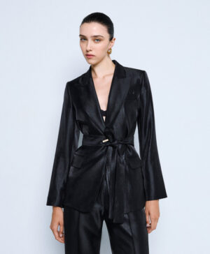Black Shimmer Tailored Blazer with Gold Buttons & Fabric Belt