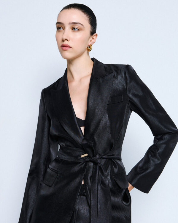 Black Shimmer Tailored Blazer with Gold Buttons & Fabric Belt - Image 2