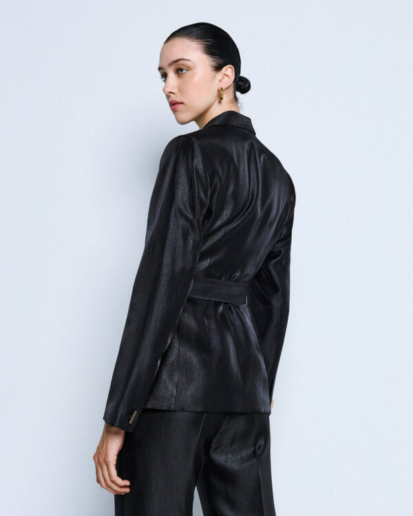 Black Shimmer Tailored Blazer with Gold Buttons & Fabric Belt - Image 4