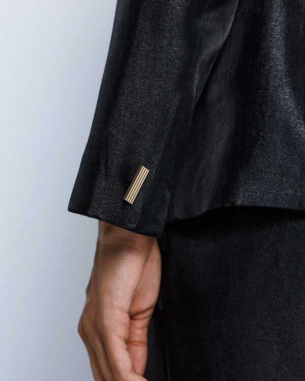 Black Shimmer Tailored Blazer with Gold Buttons & Fabric Belt - Image 5