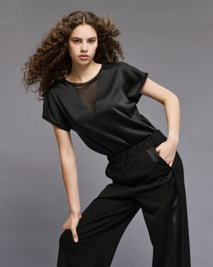 Black Satin Top with Sheer Insert