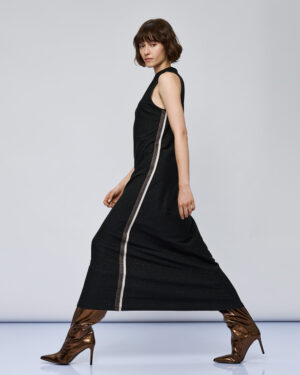 Black Lurex Sleeveless Maxidress with Side Stripe