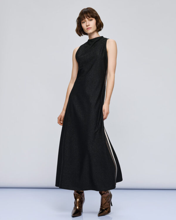 Black Lurex Sleeveless Maxidress with Side Stripe - Image 3