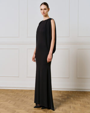 Black Silk Jersey Maxidress with Split Sleeve & Open Back