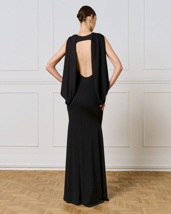Black Silk Jersey Maxidress with Split Sleeve & Open Back - Image 3