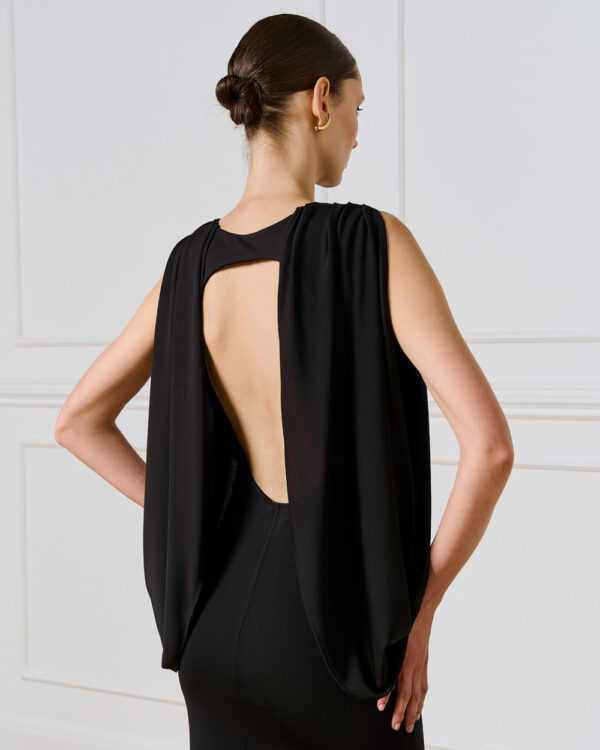 Black Silk Jersey Maxidress with Split Sleeve & Open Back - Image 4