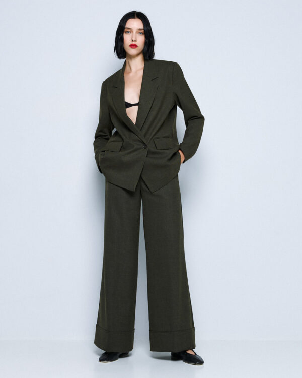 Military Green Tailored Wide-Leg Trousers - Image 5