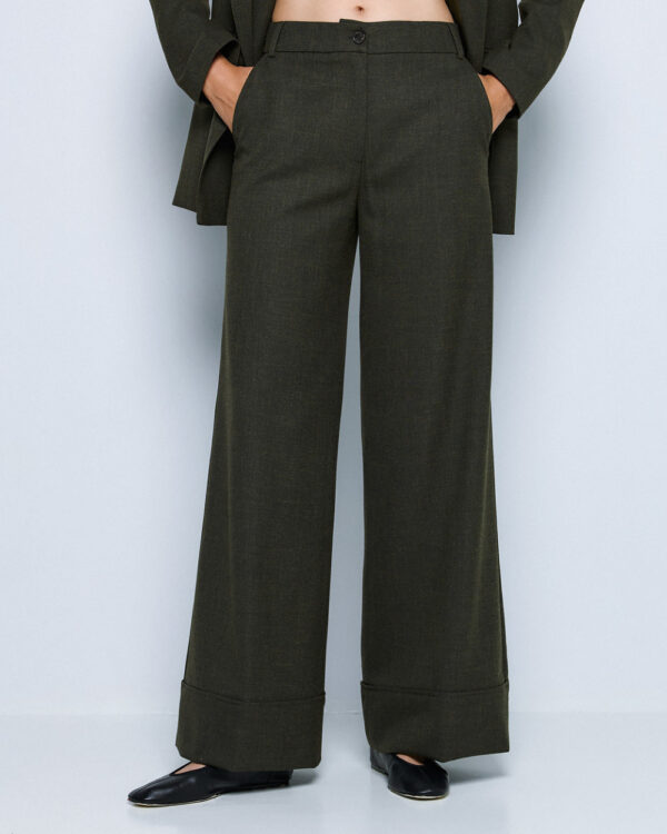 Military Green Tailored Wide-Leg Trousers - Image 3