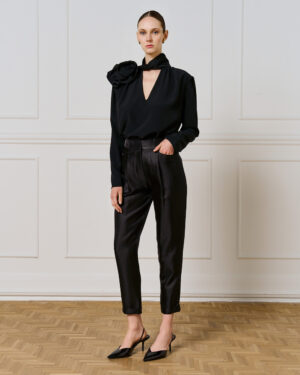 Black High-Waisted Shimmer Trousers with Front Pleats